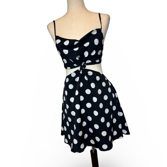 Vici Black Dress with White Polka Dots and Front Cutout - Picture 7 of 15